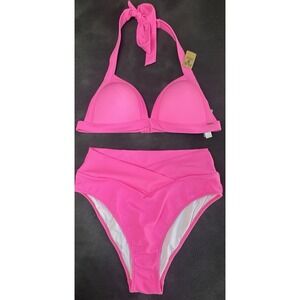 PINK Victoria's Secret Bikini Set Large Pink High Waist Wrap Bottom Halter NWT